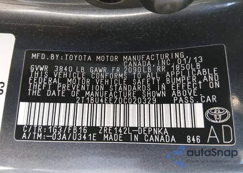 2013 Toyota Corolla Le from USA, damaged, VIN 2T1BU4EE7DC020329